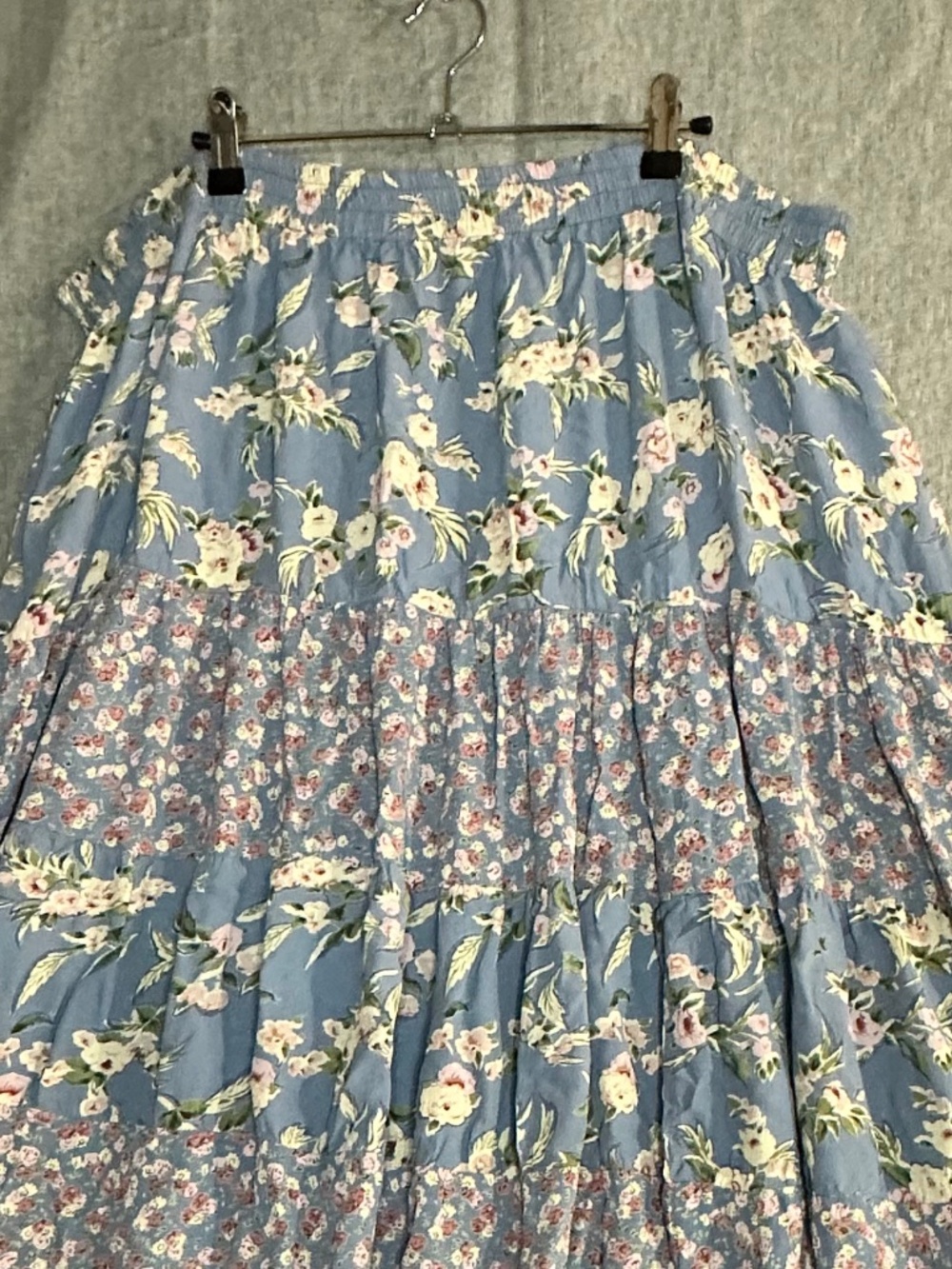 Vintage Floral Mixed Print Tiered Maxi Skirt Blue Boho Cottagecore Medium